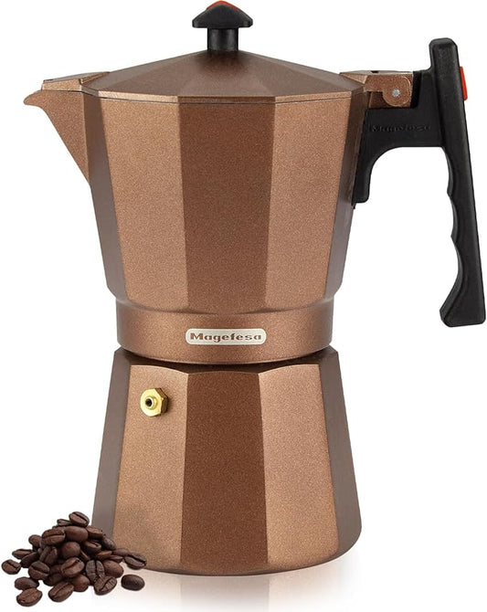Magefesa Colombia Brown Stovetop Espresso Moka Pot, 6-Cup/10 oz, Italian Coffee Maker for Cuban Coffee, Extra-Thick Aluminum, Heat-Resistant Handle, Safe & Easy-to-Use, Greca Coffee Maker