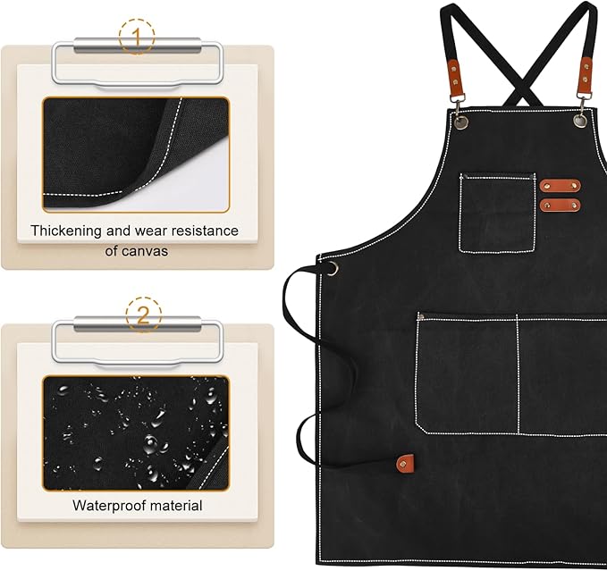 APRONPANDA Cross-Back Chef Aprons for Men Women with Pockets,Cotton Canvas Adjustable Cooking Work Apron for Kitchen