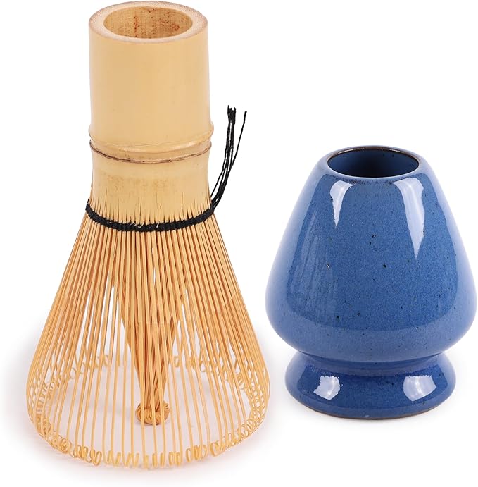 Matcha Tea Bamboo Whisk And Ceramic Rest 2 Piece Set - Medium Blue Holder - 1 Set