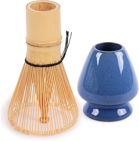 Matcha Tea Bamboo Whisk And Ceramic Rest 2 Piece Set - Medium Blue Holder - 1 Set