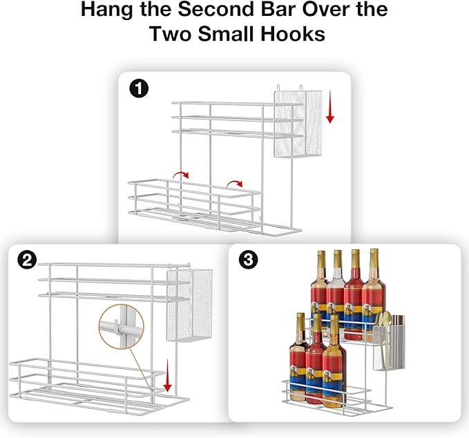 OVICAR Coffee Syrup Organizer Rack - 8 Bottle Holder Stand for Coffee Bar & Station Accessories, 2 Tiers Countertop Storage for Syrup & Wine Dressing, White