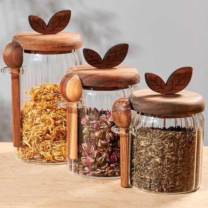 ANSQU Glass Jar with Wooden Lid and Spoon, 20.3oz Glass Food Storage Containers Coffee Jar Coffee Grounds Container, Coffee Canister holds up to 7.4oz Coffee Beans