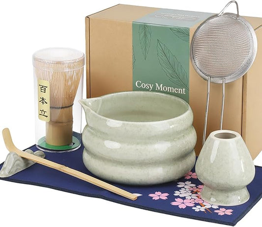 Green Matcha Whisk Set, Ceramic Matcha Kit Set Valentine Gift Present Includes Matcha Bowl, Matcha Whisk and Holder, Bamboo Scoop, Scoop Rest, Sifter and Tea Towel - 7 Pcs Kit for Matcha Lovers
