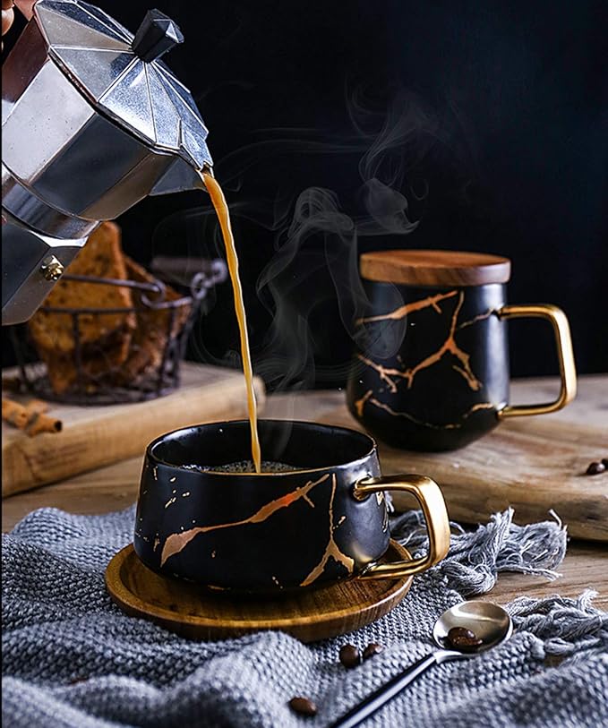 Jusalpha 10 oz Golden Hand Print Tea Cup And Saucer Set/Coffee Cup And Bamboo Saucer Set TCS19 (Black)