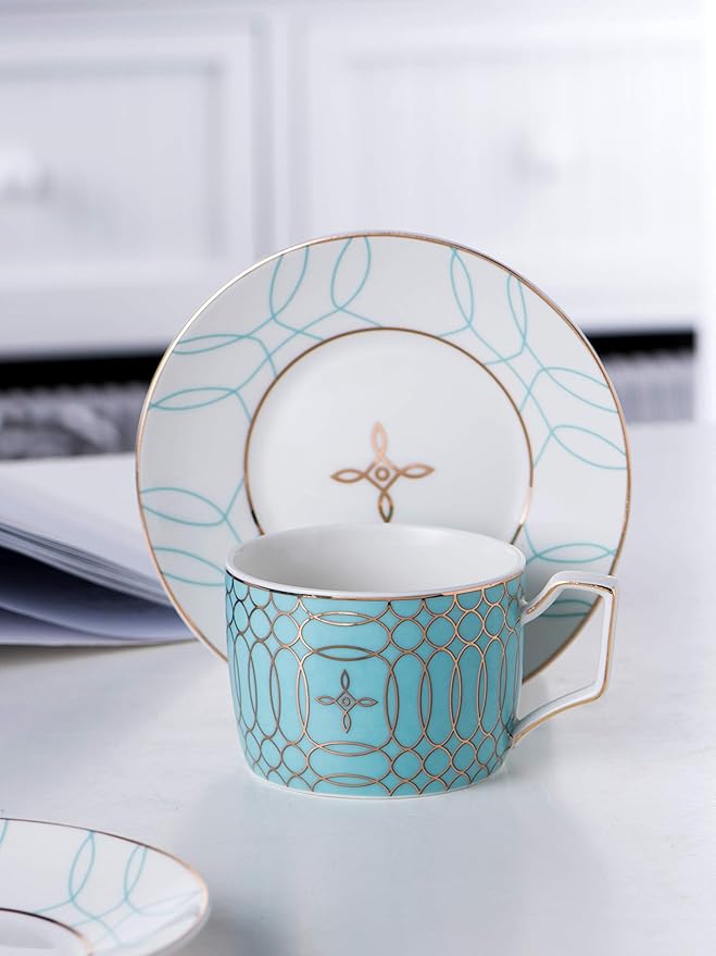 Jusalpha Porcelain Tea Set-Service of 4- Modern Elegant Mint Green Tea Cup and Saucer Set-Coffee Cup Set with Saucer and Spoon,TCS15 (4) (Blue)