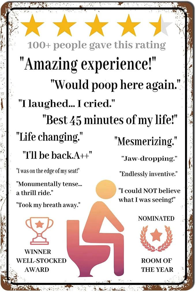 Funny Bathroom Decor Amazing Toilet Metal Sign - Would Poop Here Again Vintage Toilet Contest Wall Decoration For Bar Cafe Pub Home 12×8 Inches by bivrten