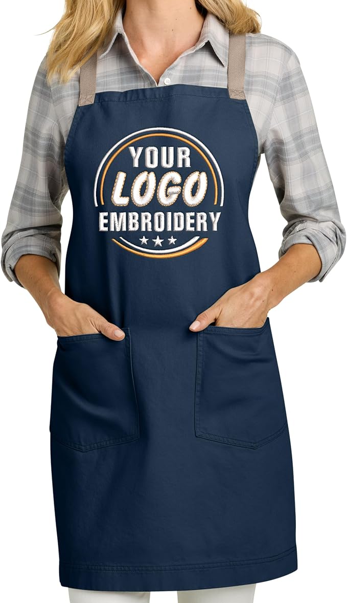 TEEAMORE Custom Apron with Pockets for Women Men Add Your Text Logo Chef Kitchen Cotton Adjustable Crossback Straps by Teeamore