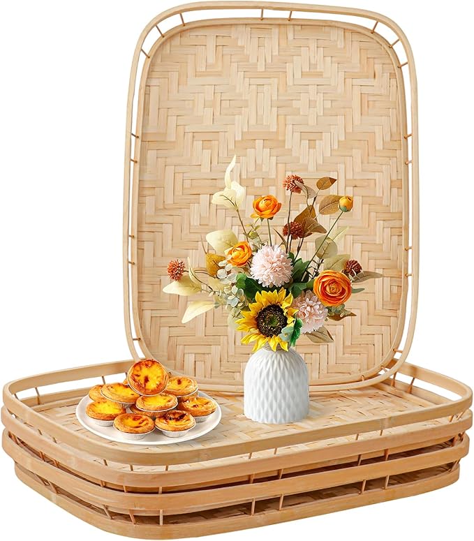 4 Pack Rectangular Bamboo Wicker Woven Tray with Handle, Bamboo Wicker Serving Trays for Eating, Kitchen, Table, Party