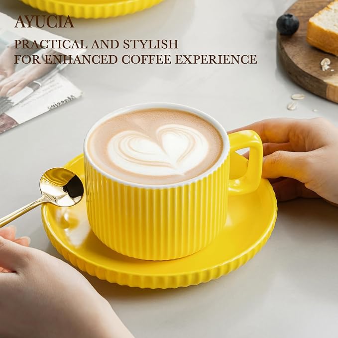 8 Ounce Cappuccino Cups Set of 4, Latte Mugs with Saucers and Spoons, Yellow Ceramic Coffee Mugs Tea Cups for Cappuccino Latte Mocha Au Lait Macchiato Cafe