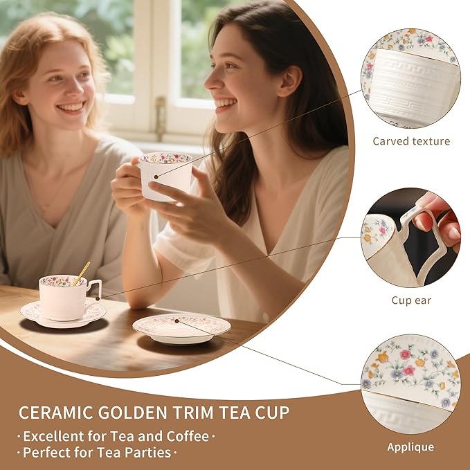 Country Roses Porcelain Tea Cup and Saucer Set with Gold Trim, Vintage Style, For Women and Tea Parties (1, P)
