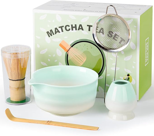 Dayacoco Matcha Whisk Set,Ceramic Matcha Kit Set Includes Bowl with Spout, Whisk,Holder,Bamboo Scoop and Sifter,5 pcs Matcha Tea Kit for Matcha Lovers, Ideal Gift Christmas, Birthday (Green gradient)