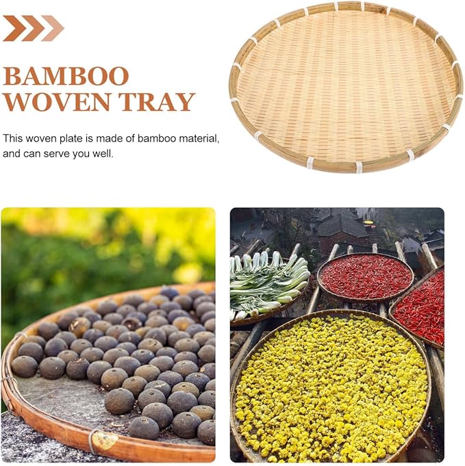 VOSAREA Bamboo Woven Basket Tray 16.5 Inch Large Flat Round Wicker Serving Tray for Food Storage Drying and Home Decoration
