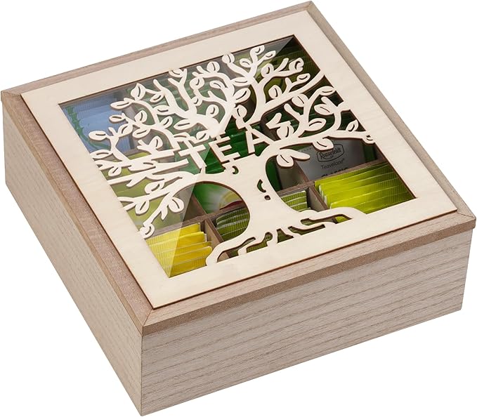 handrong Tea Box Organizer,Wood Teas Bag Holder,Tea Organizers and Storage,Teas Organizer with Tree Pattern for Home Kitchen Office