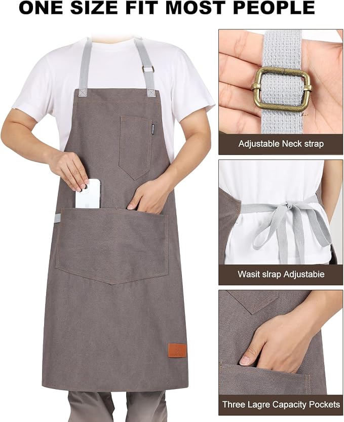 Chef Apron w/Pockets, Adjustable Strap for Cooking & Gardening | Equipped with 3 Large Multi-use Pockets, Wear-Resistant Fabric, Easy Clean, Ideal for BBQ Baking Craft for Men Women - Image 2