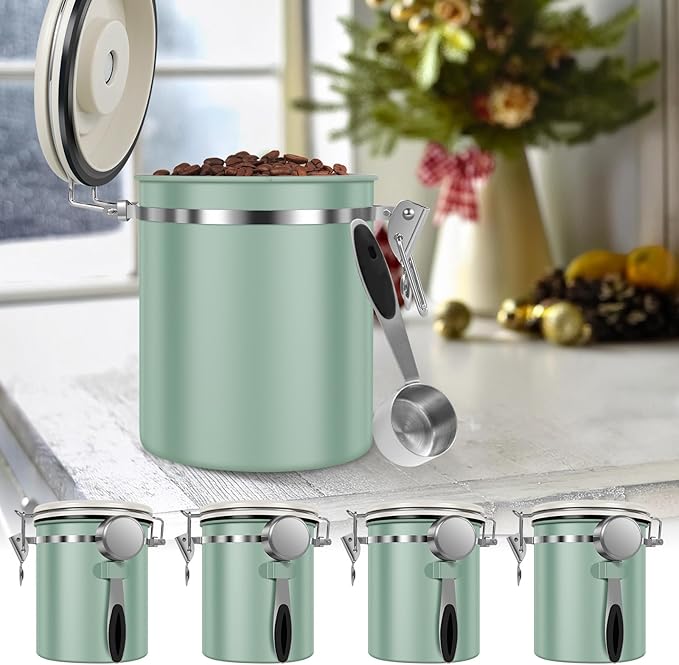 4PCS Coffee Storage Canister 1.5L 51OZ Double Airtight Coffee Beans Container with Date Locator 304 Stainless Steel Kitchen Food Storage Container with Spoon For Coffee Beans Grounds Tea Sugar