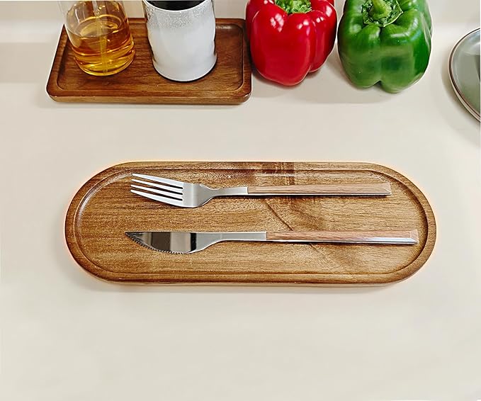 Small Wooden Oval Tray (11.3 x 4.1 inch) 6 Pack, Mini Serving Tray for Coffee Tables, Dessert, Snack, Fruit, Acacia Wood Platter for Vegetable, Decor Restaurant