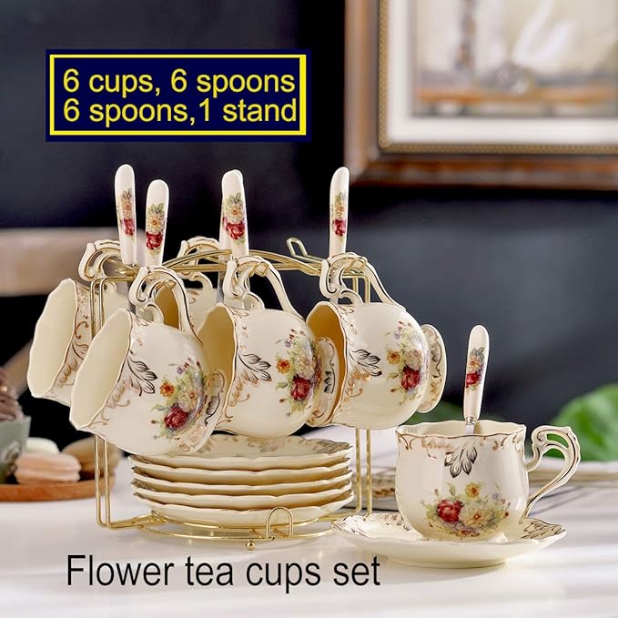 YOLIFE 8 OZ Flowering Shrubs Tea Cups and Saucers Set of 6, Ivory Ceramic Floral Teacups Set, Coffee Cups with Golden Rack