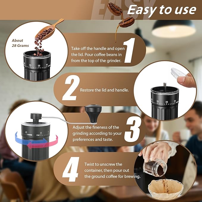 Manual Coffee Grinder with 40 External Adjustments, 30g Capacity Hand-Crank Bean Mill, Compact Conical Burr Grinder for Espresso, Pour Over, French Press, Travel/Camping/Office