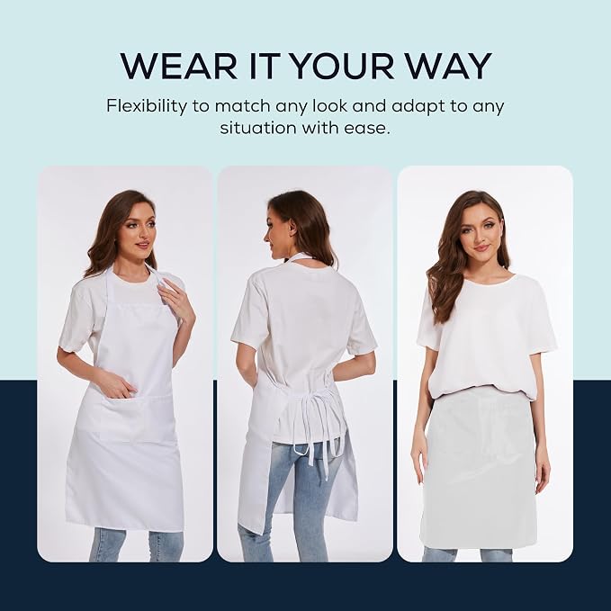 Will Well Kitchen 2 Pack Bib Apron For Men & Women with 2 Pockets - White | Unisex 33'' x 27'' Oil & Water Resistant Soft Kitchen Chef Apron with Adjustable Neck Strap & 38'' Waist Ties for Snug Fit - Image 5