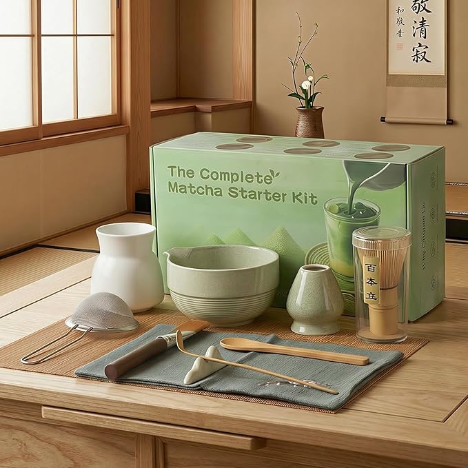Matcha Whisk Set 11 Pcs - Japanese Matcha Kit with Bamboo Chasen, Ceramic Bowl with Spout, Scoop, Sifter, Towel - Tea Ceremony Gifts for Matcha Lovers, Christmas, Beginners, Birthday (Green)