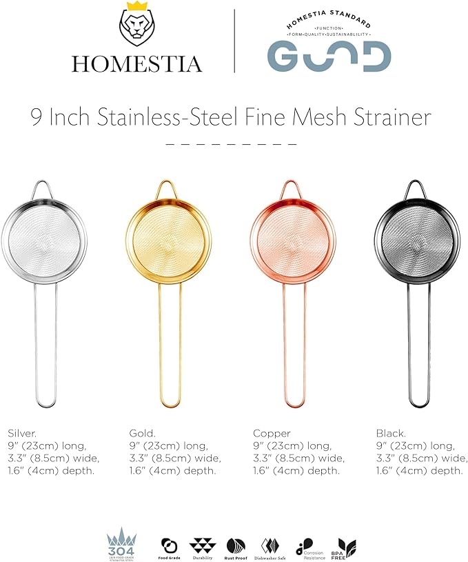 Homestia 304 Stainless Steel Fine Mesh Strainer for Kitchen, Cocktail Sieve Sifters for Food, Liquid Strainer Cup for Food, Drinks, Tea, Coffee, Juice, Noodles, Flour, Vegetable (Black)