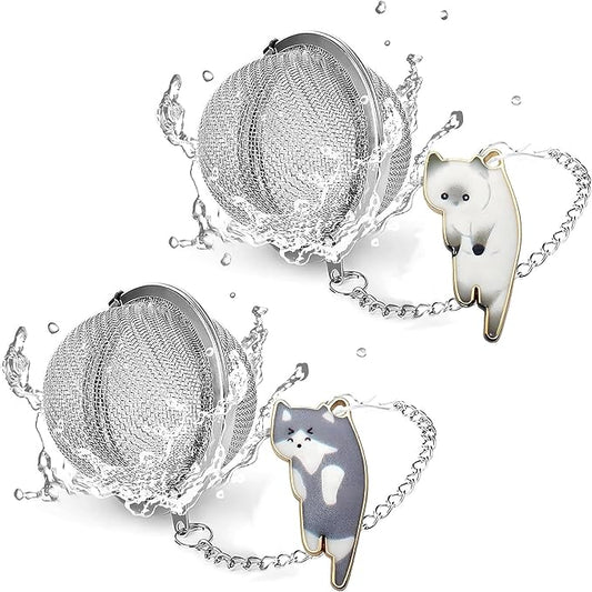 Cat Tea Infuser Set 2PCS, Loose Leaf Tea Strainers with Cute Alloy Charm, Stainless Steel Mesh Steeper for Flower Fruits Spices Herbal Tea and Cold Brew