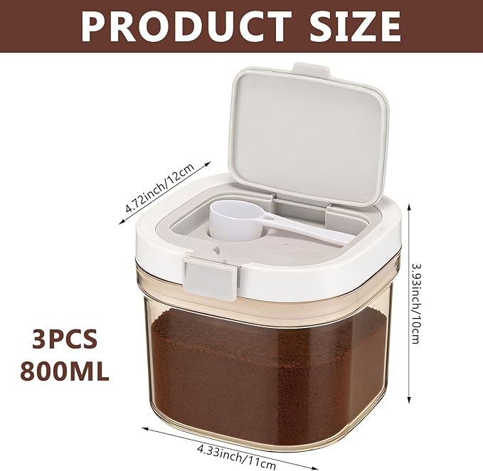 3 Pcs Airtight Coffee Canister, 27oz Large Coffee Storage Container with Scoop, Food Storage for Coffee, Tea, Beans, Sugar, Flour, Cereal and More (0.8 Liters)