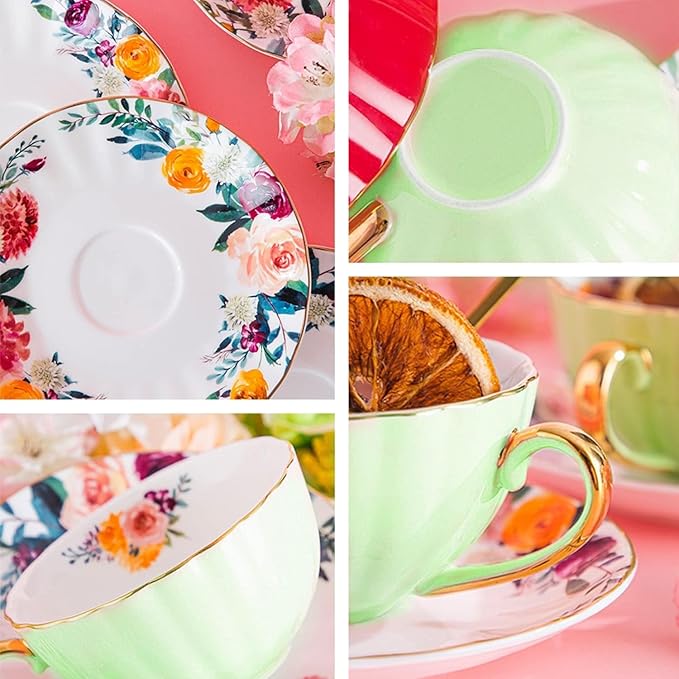 ONEUSTAR Tea Cup and Saucer Set for 1 Bone China Floral English Teacup 8 oz Coffee Cup for Women Tea Parties Birthday Christmas Gift, Light Green