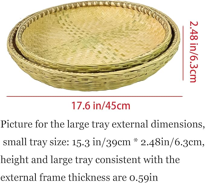 Bamboo Tray，Food Flatware trays，Bamboo and Rattan Fruit and Vegetable Basket with Flat Bottom,For Table, Kitchen,Outdoor Gathering and Dining Room Service or Decoration 2 Piece Set 餐厅服务托盘