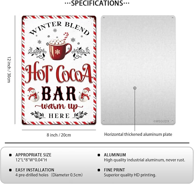 Christmas Signs Home Decor Vintage Art Poster Metal Hanging Plaque Kitchen Cafe Bar Farmhouse Porch Yard Outdoor Indoor Decorations Funny Xmas Gift 8X12 Inch (Hot Cocoa Bar Sign) - Image 2