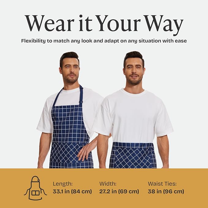 Will Well Kitchen Apron for Men and Women - 33" x 27" Oil-and-Water-Resistant with Adjustable Neck Strap and 38" Waist Ties for a Snug Fit, Lightweight with 2 Front Pockets - 1-Pack, Navy Checkered | Unisex 33'' x 27'' Oil & Water Resistant Soft Kitche... - Image 7