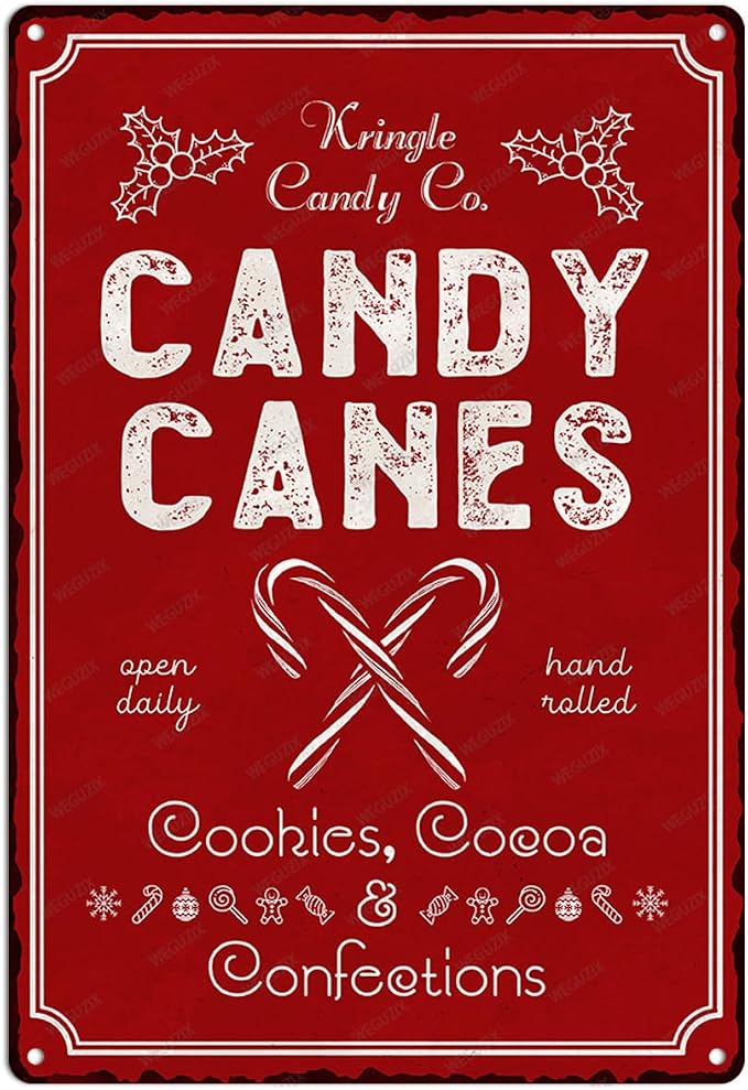 Candy Canes Christmas Metal Sign Red Christmas Vintage Print Art Poster 12" x 8" Aluminium Hanging Plaque for Home Kitchen Patio Yard Office Cafe Coffee Bar Front Door Wall Decor by WEGUZIX