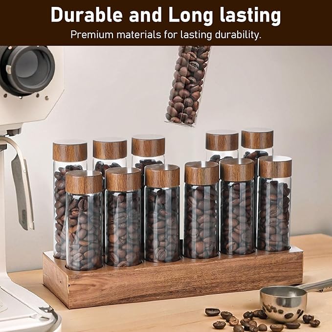 Fockety Coffee Bean Storage Tubes Single Dose, 6PCS or 12PCS Coffee Bean Cellar, Dosing Glass Vials with Lids, Wooden Display Stand and Funnel, Airtight Sealed Glass Canister Jars Tubes
