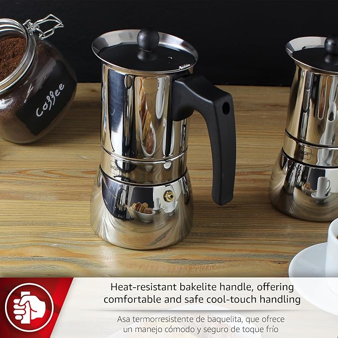 Magefesa Genova Stovetop Espresso Maker, 6 Cups/10 oz, 18/10 Stainless Steel Moka Pot, Italian Greca Coffee Maker, Suitable for Induction
