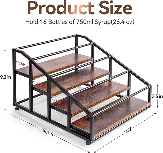kimilus Coffee Syrup Organizer Rack, Liquor Bottle Display Shelf, 4 Tier 16 Syrup Bottles Holder Stand for Coffee Bar Kitchen Small Wine Rack for Family Storage for Syrup Wine Dressing