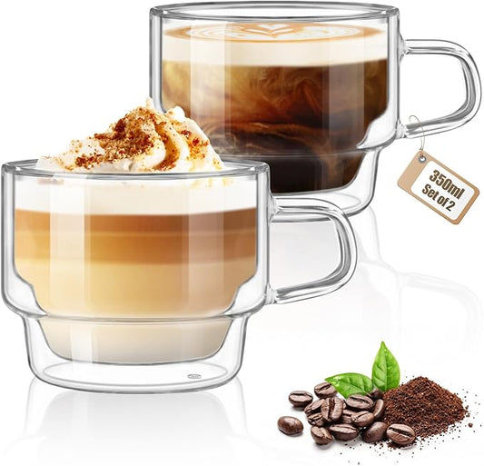 glastal 12 oz Latte Macchiato Glasses, Double-Walled Coffee Glasses, Set of 2, Glass Stackable Coffee Cups, Tea Glasses with Handle for Cappuccino, Tea, Milk, Gifts for Women Friends New Home Gift