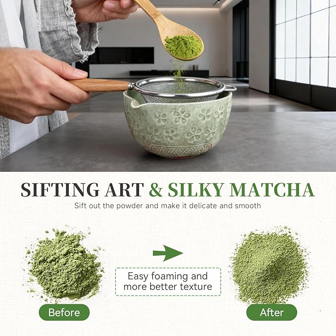 Matcha Whisk Set, Japanese Tea Ceremony Utensils (8 PCS) with Matcha Bowl with Spout (19 oz), Bamboo Whisk, Scoop, Holder, Sifter, Tea Towel – Authentic Matcha Set & Gift Box (Green)