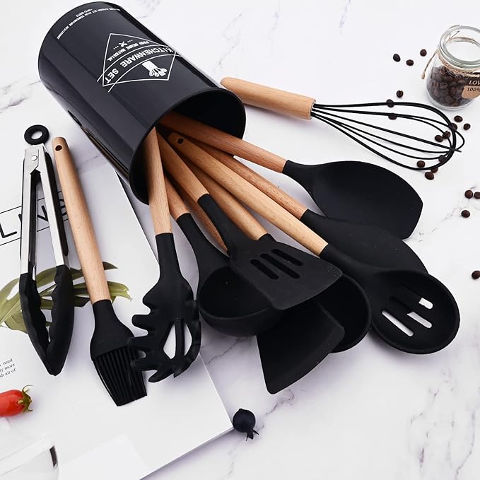 Silicone Black Kitchen Utensil Set with Holder, 12 Pcs Spatula Set for Cooking, Heat Resistant Kitchen Tools Spoon Turner Whisk for Cookware.