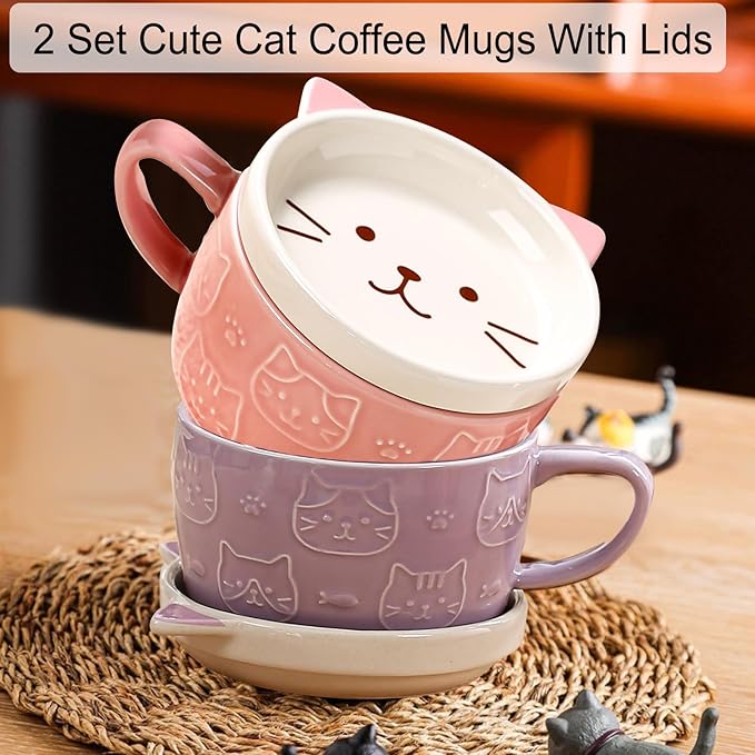 2PCS Cute Kawaii Cat Tea Cup Ceramic Coffee Mug with lid, Tea Cups and Saucers for Dessert, Cute Gifts for Cat Lovers, Anime Fans, Christmas for Women 10oz (Pink + Purple)