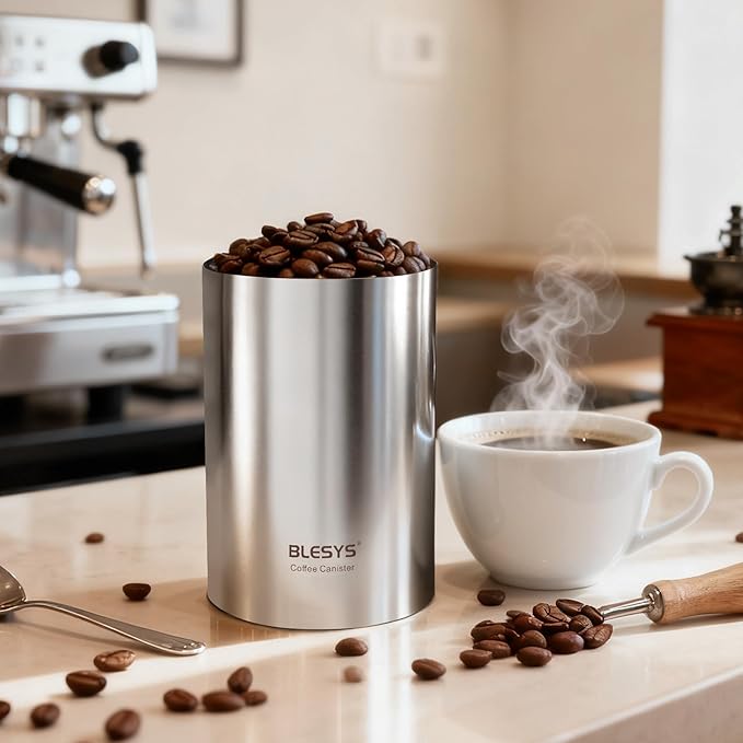 Smart Vacuum Coffee Canister, Automatic Stainless Steel Food Storage Container, LCD Monitoring, One-touch Freshness, Date Tracker, Extra-long Standby Time, Holds 16 oz Coffee Beans (Silver, 1.3L)