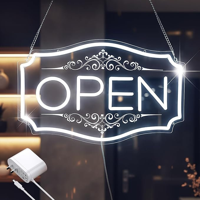 Open Sign for Business, LED Dimmable Neon Open Sign with 12V/2A Adapter, 16.5" x 10.5", White, Bright LED Visibility to Light Up Window, Wall, Bar, Coffee, Salon and Store