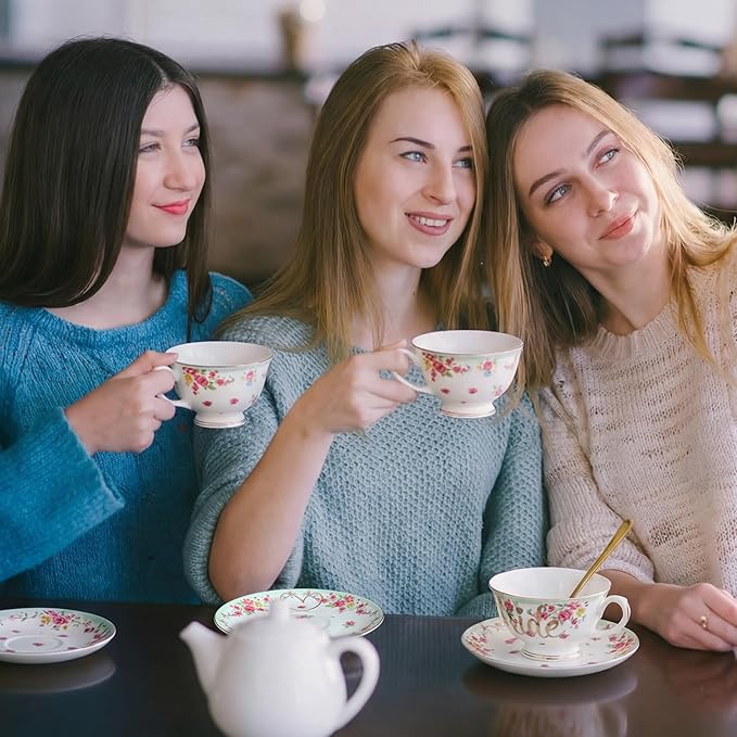 Rtteri Bride Teacup and Saucer Set 7oz Bridal Shower Teacup Porcelain Ceramic Tea Cups for Bridal Shower Tea Party Wedding Decor Victorian Elegant Coffee(Green,Floral)