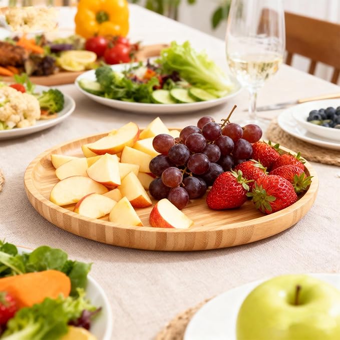Round Bamboo Decorative Tray,Bamboo Wood Serving Platter Bamboo Breakfast Dinner Food Trays Coffee Tea Serving Tray Fruit platters for Home Hotel Restaurant (1, 11.81"x11.81"x0.78")