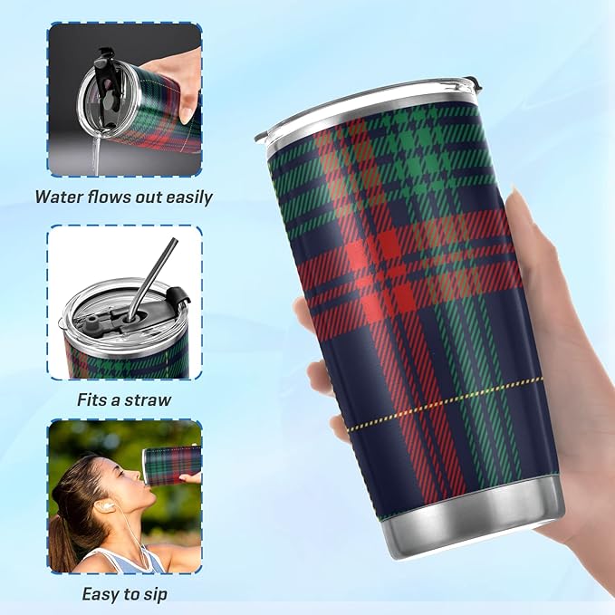 Tumbler Tartan Plaid Classic Red Green Insulated Coffee Cup Beverage Container Travel Mug with Straw and Lid Double Wall Stainless Steel 20oz BPA-Free for Sport, Back to School