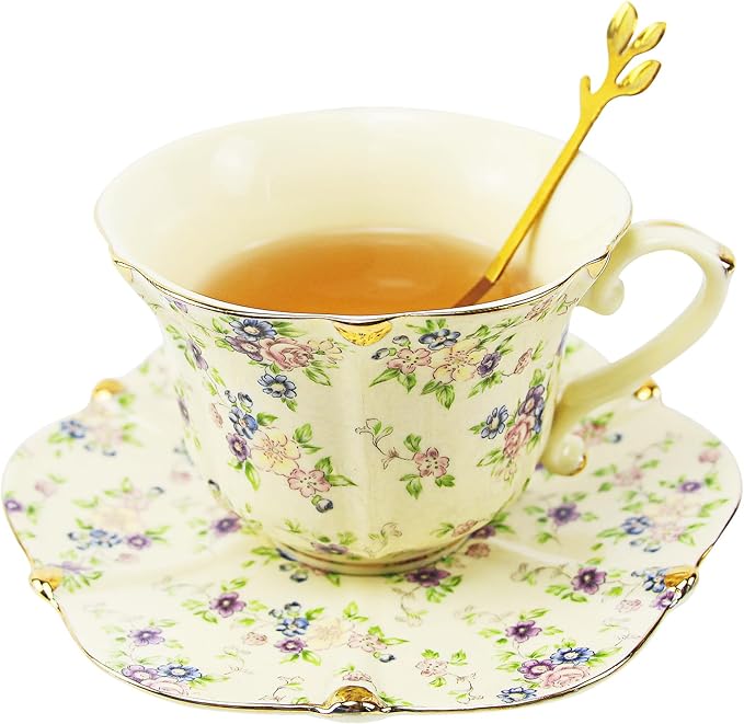 Country Roses Porcelain Tea Cup and Saucer Set with Gold Trim, Vintage Style, For Women and Tea Parties (1, Yellow)