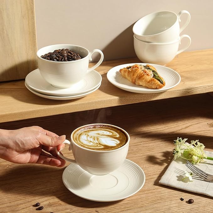 12 oz Cappuccino Cups with Saucers, Ceramic Espresso Coffee Cups Set of 4, White Latte Cup and Saucer, Elegant Tea Mugs Set, Microwave Dishwasher Safe Drinkware for Cafe, Housewarming Gift