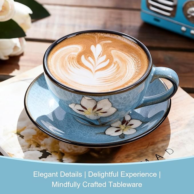 8 Oz Floral Porcelain Cappuccino Cups with Saucers Set of 4, Stoneware Tea Coffee Mugs for Home Kitchen & Office, Dishwasher Microwave Oven Safe, for Espresso, Latte, Americano, Milk & Tea, Blue