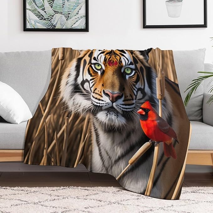 Beautiful Tiger Redbird Feather Fur Super Soft Throw Blanket, Red Cardinal Flannel Fleece Decorative Throw for Sofa Couch Bedroom Decor Outdoor Use 50"x60"