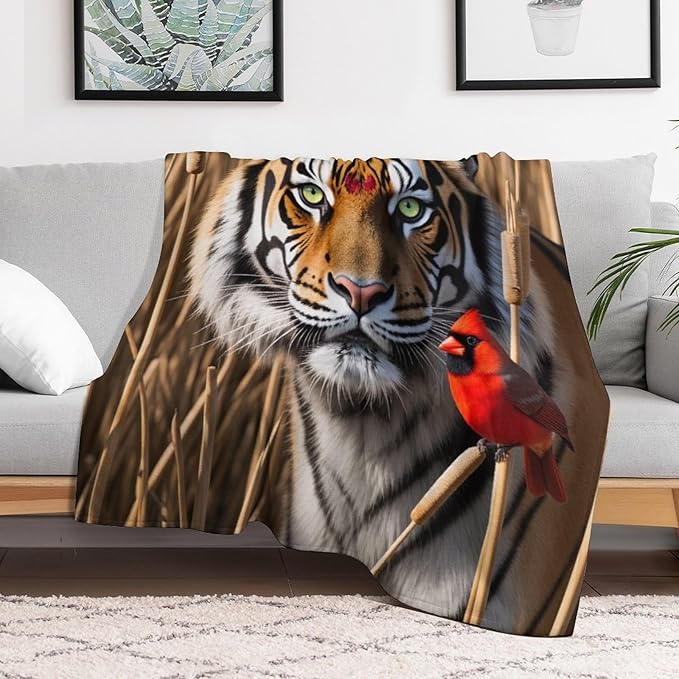 Beautiful Tiger Redbird Feather Fur Super Soft Throw Blanket, Red Cardinal Flannel Fleece Decorative Throw for Sofa Couch Bedroom Decor Outdoor Use 30"x40"