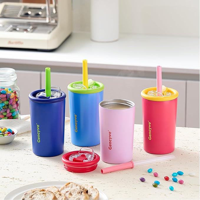 2 PACK Kids Double Walled Stainless Steel Cups with Straws and lids | 12 oz Spill-Proof Sippy Smoothie Tumbler Set, Small Kids Snack & Drink Water Cups, BPA-Free (Age: 3+ years old & up)